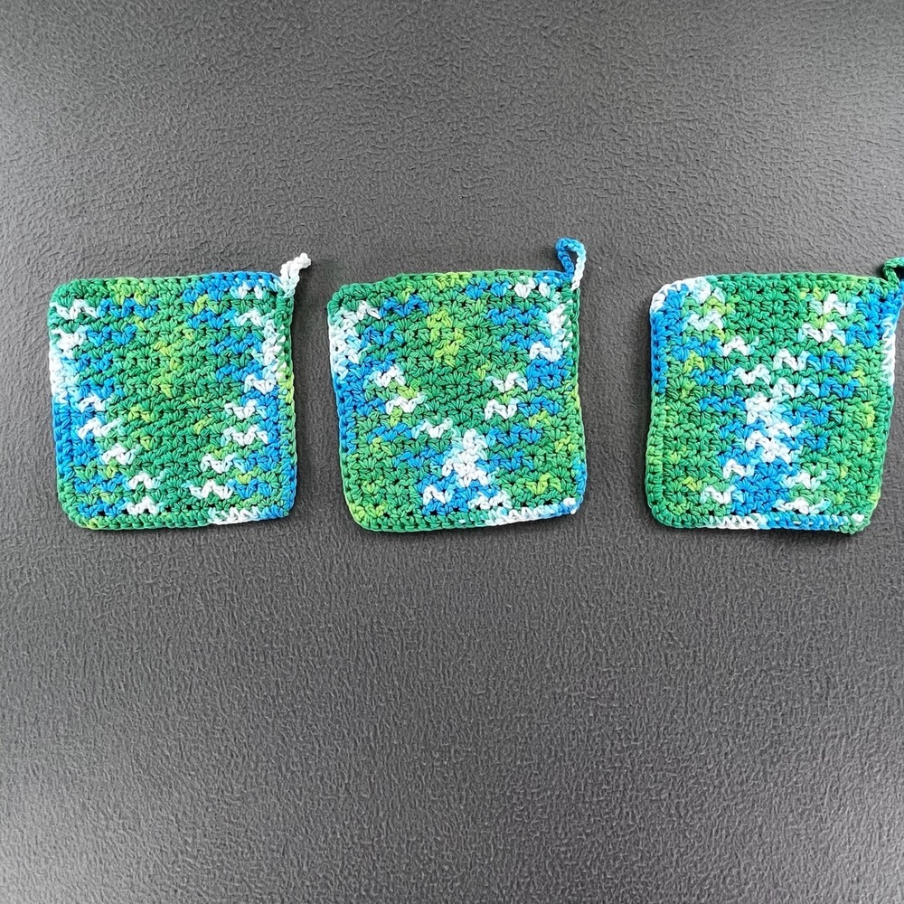 Handmade Dishcloth Cotton Variegated Blue Green 6.5in Cottagecore 3pc Set - Picture 4 of 6